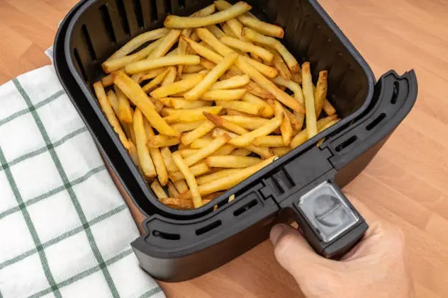 HAND HOLDING AIR FRYER BASKET WITH FRESHLY MADE FRENCH FRIES OR FRIED POTATOES IN THE KITCHEN COUNTERTOP. TOP VIEW.