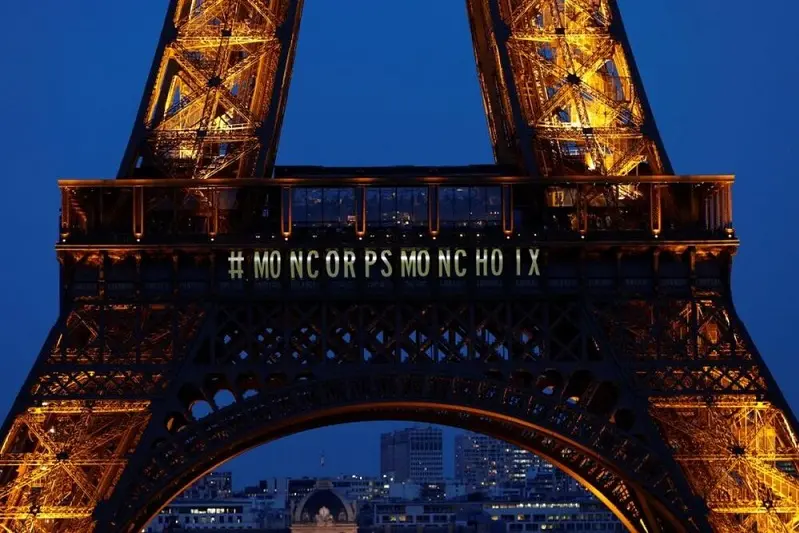 The Eiffel Tower lights up with the message \"My body My choice\" after French lawmakers enshrined the right to abortion in its constitution during a special congress in Versailles, in Paris, France, March 4, 2024. REUTERS/Abdul Saboor 