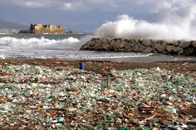 Rifiuti in plastica accumulati dalla risacca sull\\'\\'arenile del lungomare  \\n           CIRO FUSCO/ANSA 