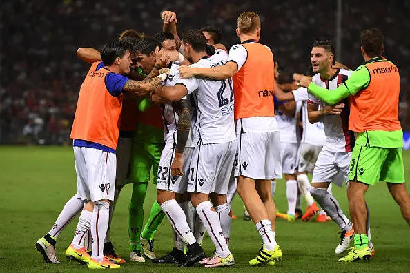 GENOA, ITALY - AUGUST 21:  Marco Borriello (C) of Cagliari Calcio celebrates after scoring the opening goal with team mates during the Serie A match between Genoa CFC and Cagliari Calcio at Stadio Luigi Ferraris on August 21, 2016 in Genoa, Italy.  (Photo by Valerio Pennicino/Getty Images)