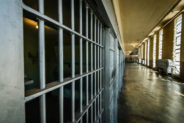 Angled look down a block of prison cells