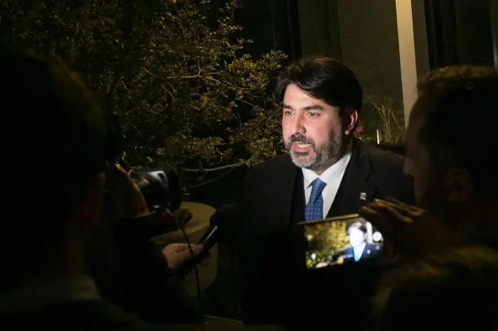 The governor candidate of the center-right coalition in the regional elections of Sardinia, Christian Solinas, talks with journalists in Cagliari,Sardinia island, Italy, 25 February 2019.\\nANSA/FABIO MURRU