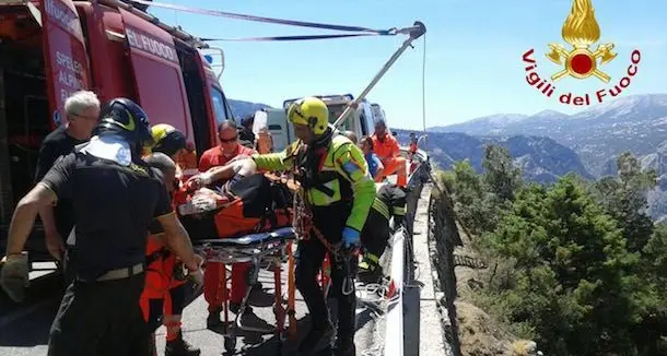 Motociclista esce fuori strada e dopo un volo di 10 metri finisce nella scarpata