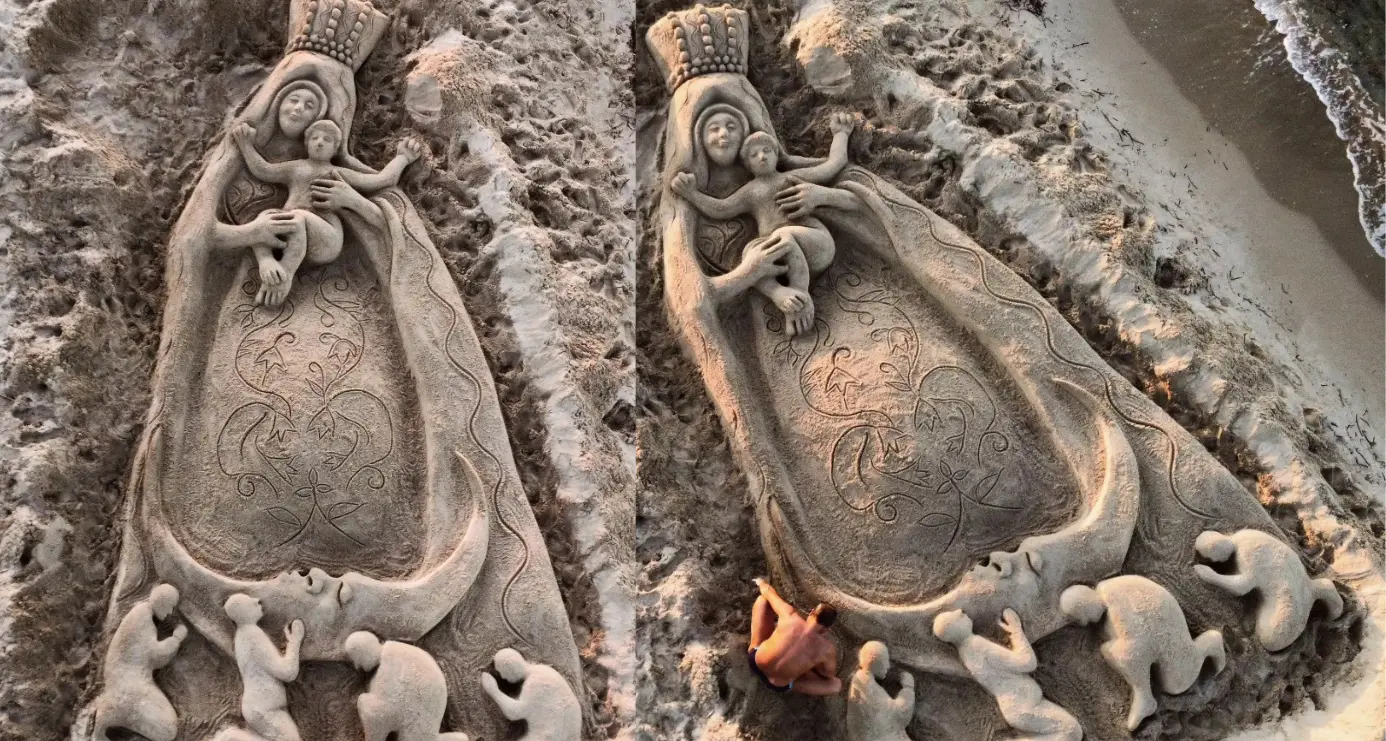 Scultura di sabbia a Platamona: l'omaggio di Nicola Urru ai giovani di Fonni