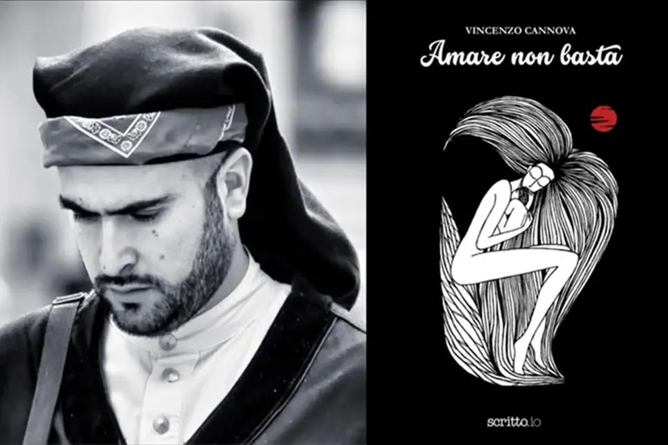 <p>A sinistra Vincenzo Cannova, a destra la copertina del romanzo \"Amare non basta\"</p>\\n