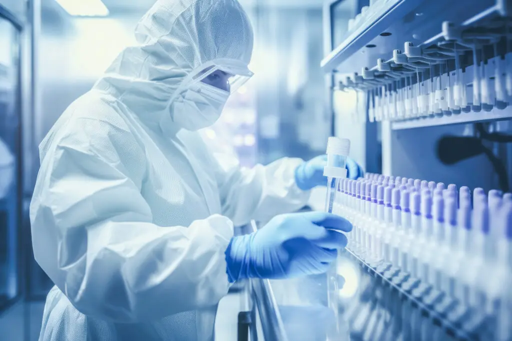 <p>The biobank technician is taking necessary precautions to ensure the safe handling of biological material, maintaining the integrity of the samples for research and medical purposes</p>\\n