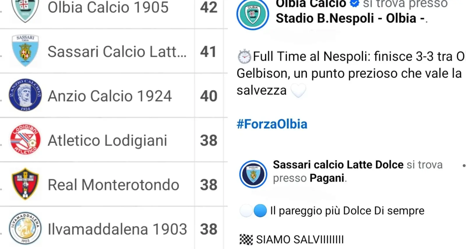 Serie D. Il girone G delle sarde: salve Olbia e Latte Dolce, playout per Cos e Ilvamaddalena