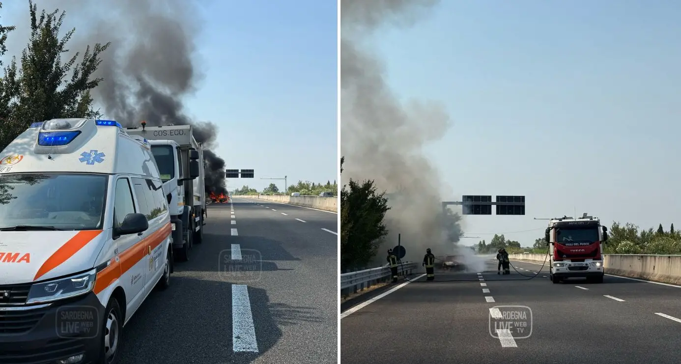 Bauladu. Tampona un camion e l’auto prende fuoco: paura sulla 131