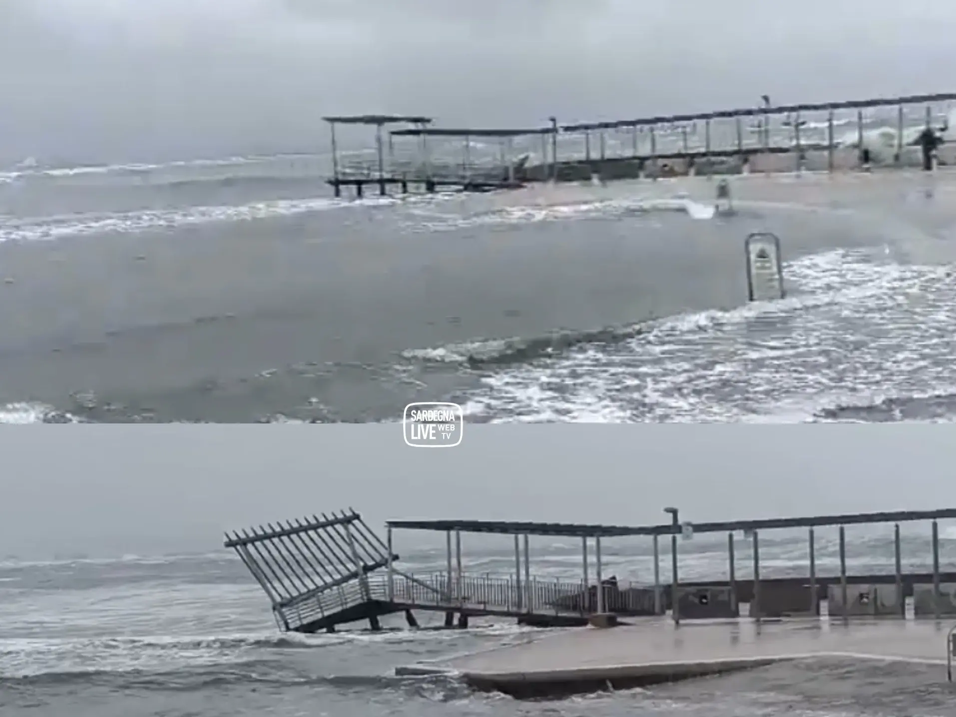 Cagliari. Vento e mareggiate, crolla una porzione del pontile a Marina Piccola | IL VIDEO