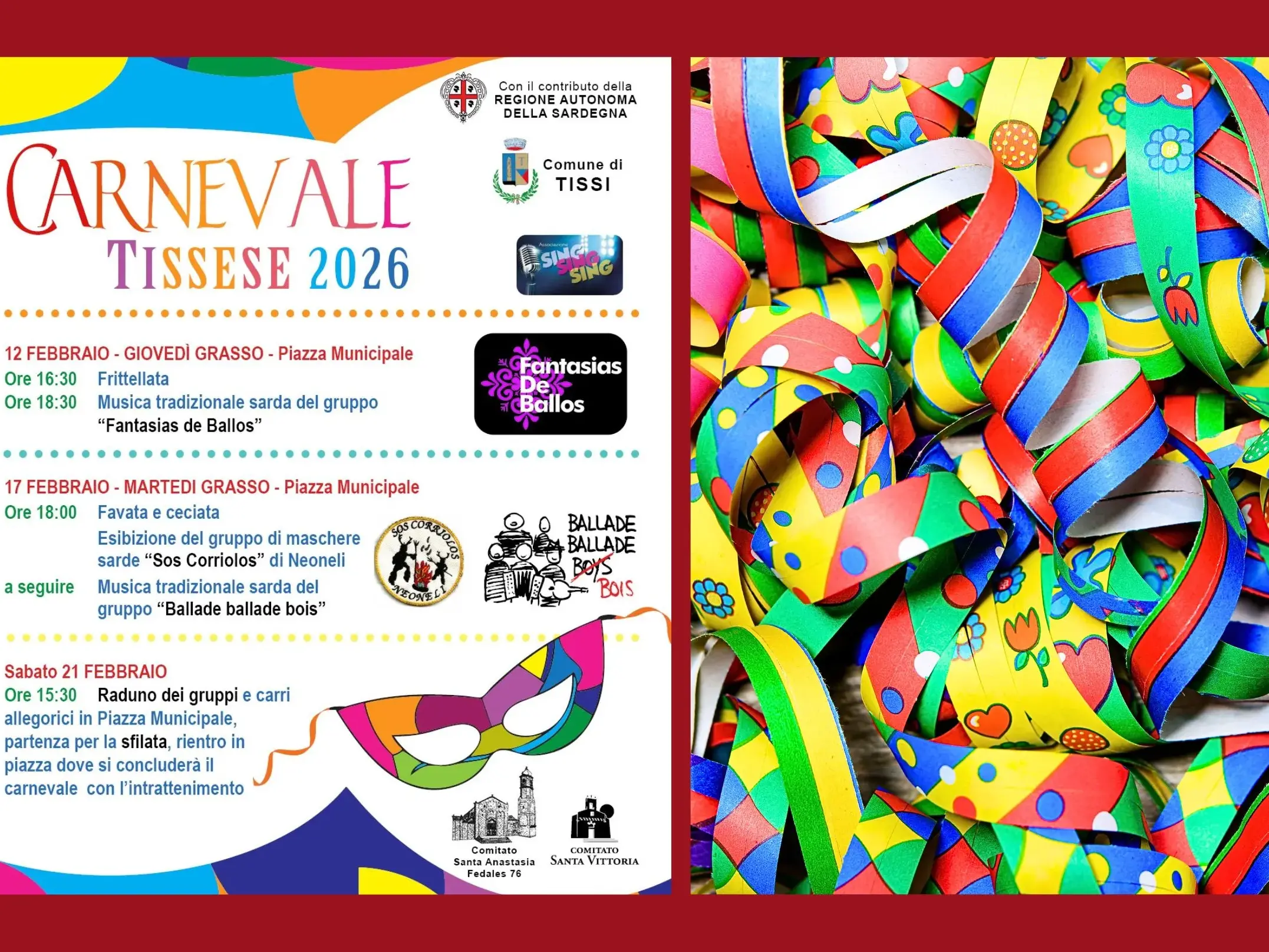 Tissi si prepara al Carnevale tra tradizione, maschere e festa collettiva: 12, 17 e 21 febbraio