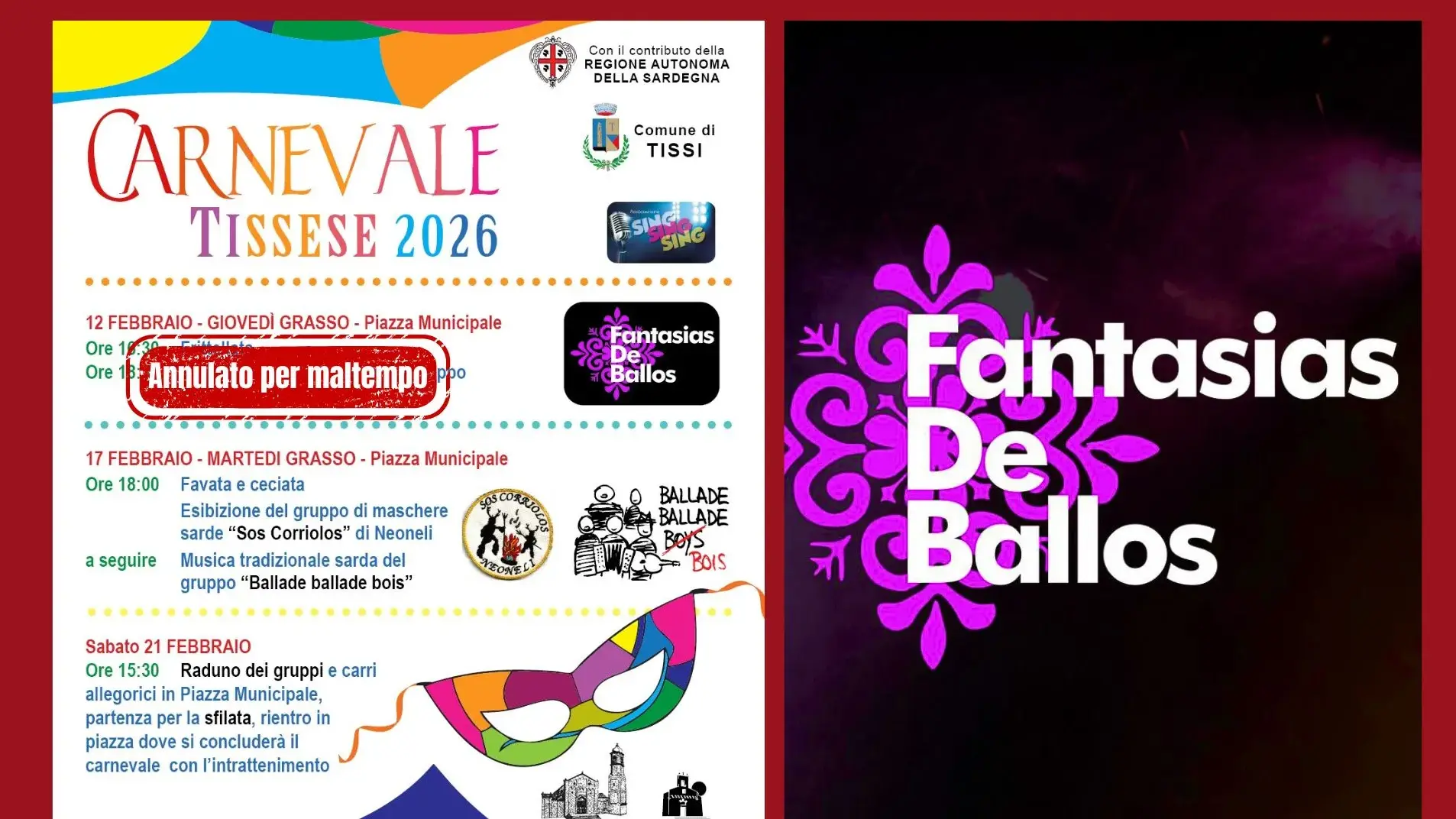 Maltempo, salta il Giovedì Grasso a Tissi: Fantasias de Ballos rinviati a venerdì 20 febbraio