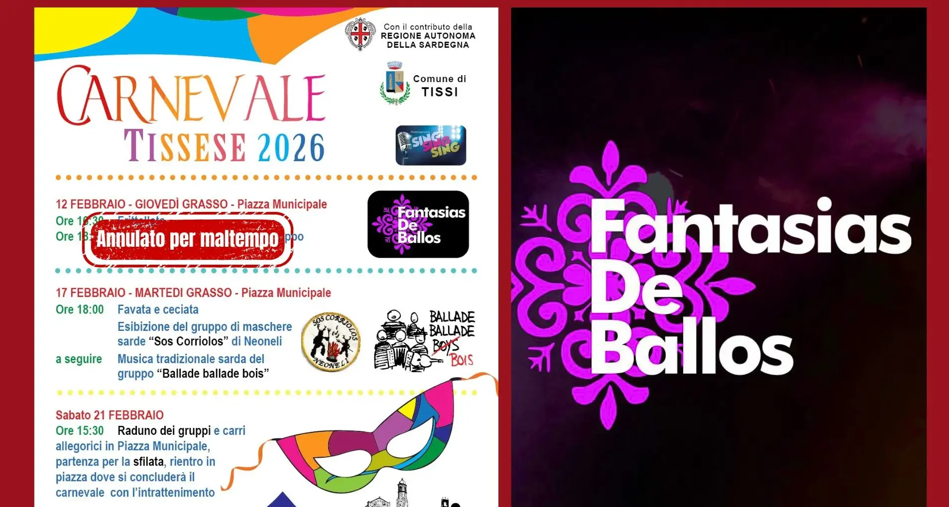 Maltempo, salta il Giovedì Grasso a Tissi: Fantasias de Ballos rinviati a venerdì 20 febbraio