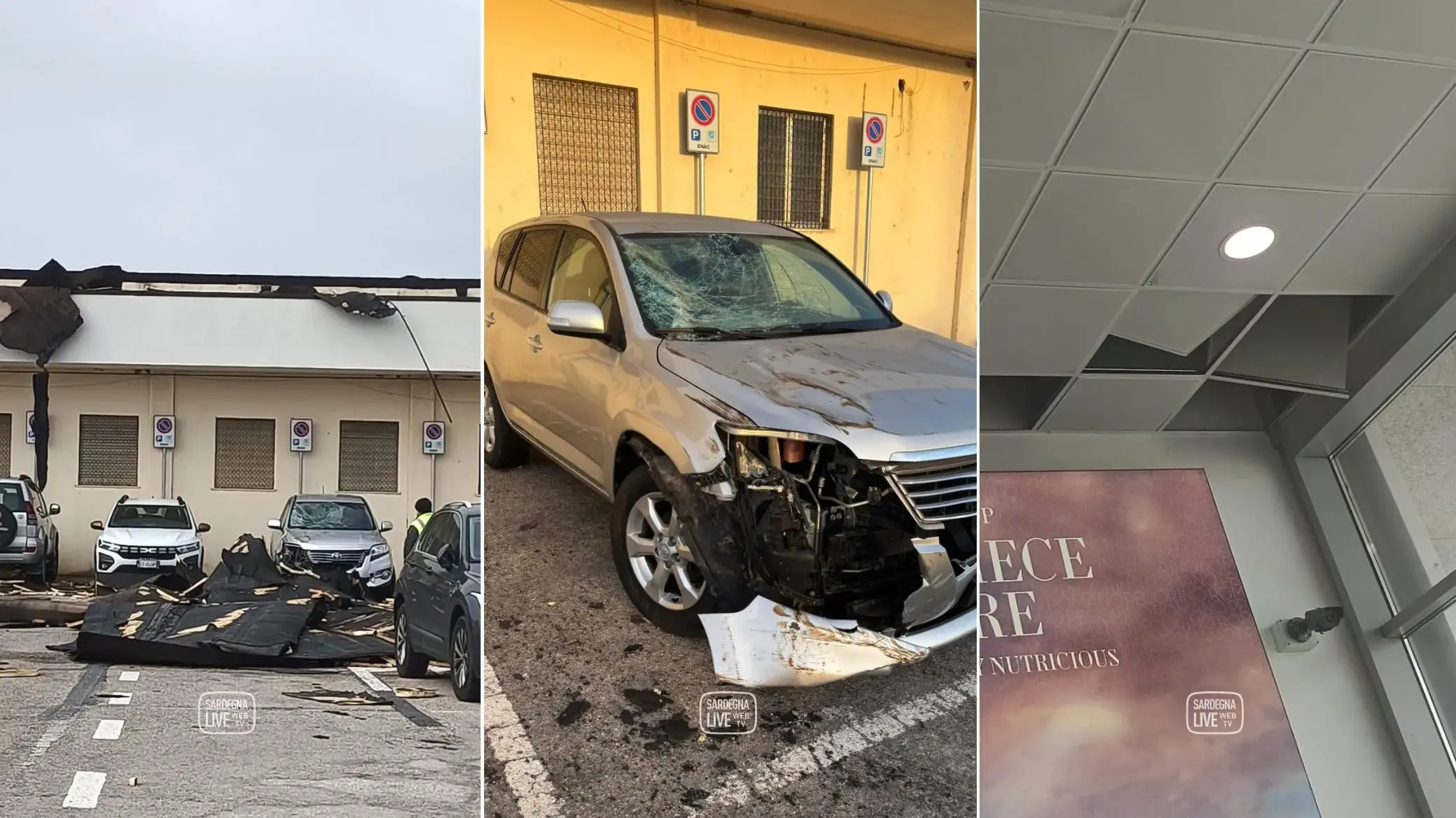 Vento di burrasca, danni anche all’aeroporto di Alghero: auto colpite e controsoffitti danneggiati