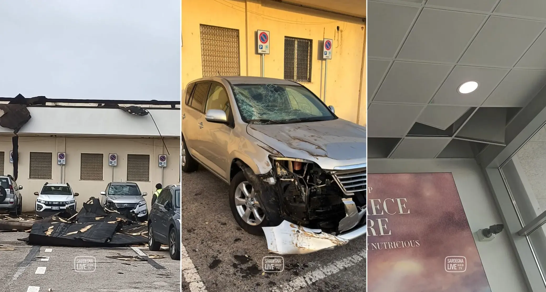 Vento di burrasca, danni anche all’aeroporto di Alghero: auto colpite e controsoffitti danneggiati